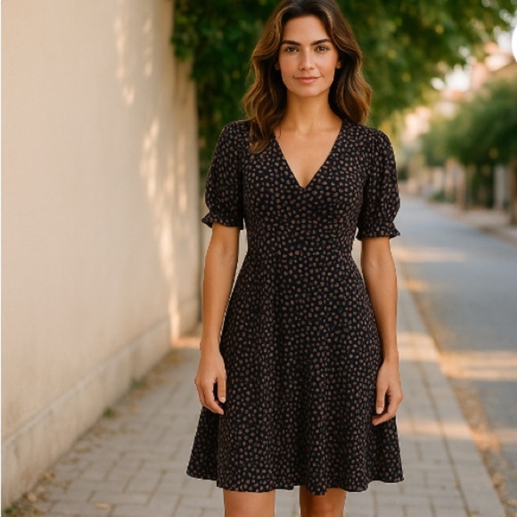 Womens Oasis Black Floral Print Dress Women’s Small – Puff Sleeve V-Neck A-Line - Picture 1 of 8